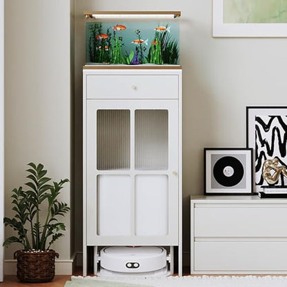 HARELA Robot Vacuum Stand Hidden Cabinet, Sweeping Robot Storage Rack with Doors and Drawer, Side Table Storage Cabinet for Living Room, Bedroom, Home(White,40x45x103.6cm) - size: 40x45x103.6cm