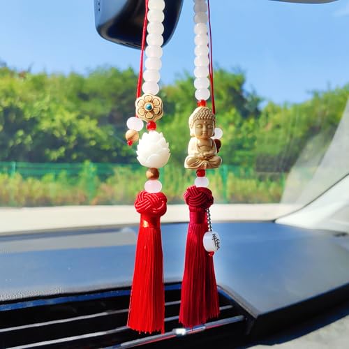 Buddha Rear View Mirror Accessories Hanging Charms, The Bodhisattva of Compassion with Tassels Car Hanging Ornament, Cute Car Accessories for Women/Men, Fo Bao Ping an - color: Red