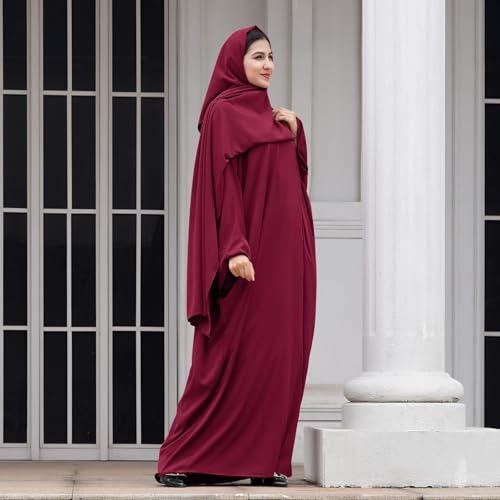 IDOPIP Abayas for Women Muslim Dress with Hijab, One-Piece Long Sleeve Islamic Prayer Dress with Khimar Jilbab Kaftan Clothes - color: Wine Red + Hijab
