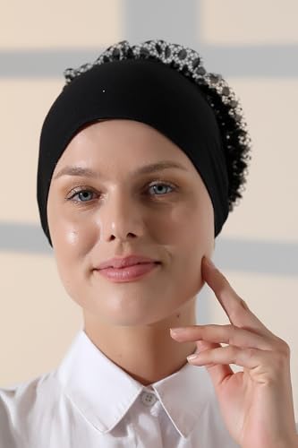 ihvan online Hijab Cap, Head Scarf Beanie, Volumizing Non Slip Head Wraps for Women, Hijab Undercap with Tie-Back Closure - color: Black