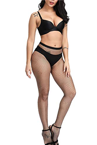 E-Laurels Womens High Waist Patterned Fishnet Tights Suspenders Pantyhose Thigh High Stockings Black - color: Black M Hole