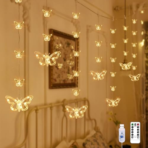 YOLIGHT Butterfly Curtain Lights for Bedroom 9.8ft LED Twinkle Fairy Light with Remote Timer Cute String Lights Wall Décor for Kids Girls Room Bed Canopy Wedding Easter Decoration (Warm White) - color: Warm White