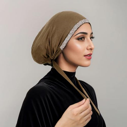 PURFUN 2 Pcs Muslim Inner Hijab Caps Women Girls Stretchy Breathable Full Cover Undercap Tube Bonnet Under Scarf Hats Beanie - color: Black+khaki/2pcs