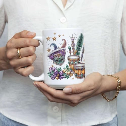 Customized Name White Coffee Cup, Custom Sparkling Mardi Gras Stickers Full Wrap Mug, Personalized Festive Mask With Feathers And Drums Mug, Festive New Orleans Ceramic Cup 11oz 15oz - color: XUA-1124-3657-Mardi Gras Mug