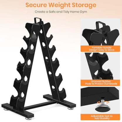 TomCare 6-Tier|5-Tier|4-Tier|2-Tier Dumbbell Rack Stand Only for Home Gym | Stable A-Frame, Fits 5–35 lb Dumbbells, Protective Padded Cradles, Adjustable Feet, Easy-Carry Handle (Stand Only) - color: Black, size: 5 Tier