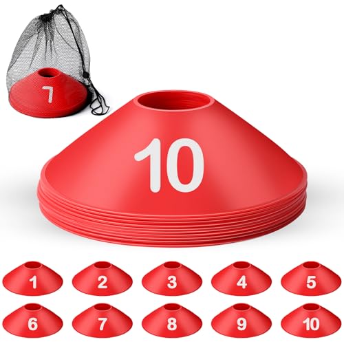 10 Pcs Numbered Sports Disc Cones 1-10 Soccer Cones with Mesh Carry Bag Flexible Agility Cones Soft Field Cones for Gym PE Classes School Activities Games, Sports Training Equipment - color: Red