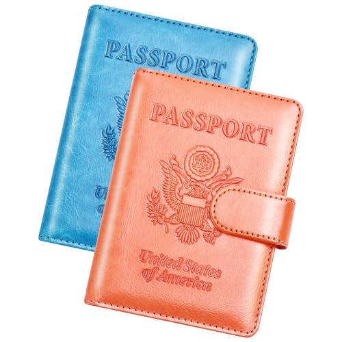 Herain Passport Holder for Travel Essentials, 2 Pcs Passport Cover Wallet Case Travel Gifts Women Men Family, RFID Passports Book Card Holders Travels Cruise Accessories Must Haves - color: B-Sky Blue + Orange, style: Upgraded