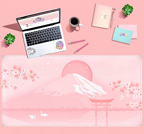 Cherry Blossom Mouse Pad Kawaii Pink Floral Desk Mat, Japanese Pastel Sakura Large Anime Gaming Mousepad XXL, Cute Aesthetic Mount Fuji Japan Keyboard Mats for Women Office Desk Pads 31.5"x15.75" - color: Pink Cherry Blossom