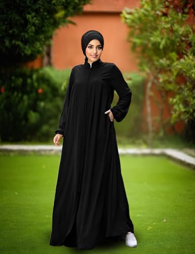 Womens Muslim Abaya Dress Front Zipper 2 Pockets Long Sleeve Prayer Islamic Clothes with Hijab Cap - color: Black, size: Small