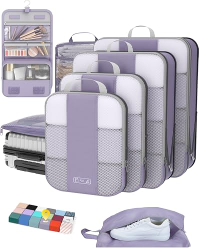OlarHike 8 Set Compression Packing Cubes for Travel Essentials,Compressible Expandable Space Saver Bags for Organizing Clothes,Luggage Suitcase Garment Bags with Over 1000 pcs Mesh Holes(Purple Gray) - color: Purple Gray