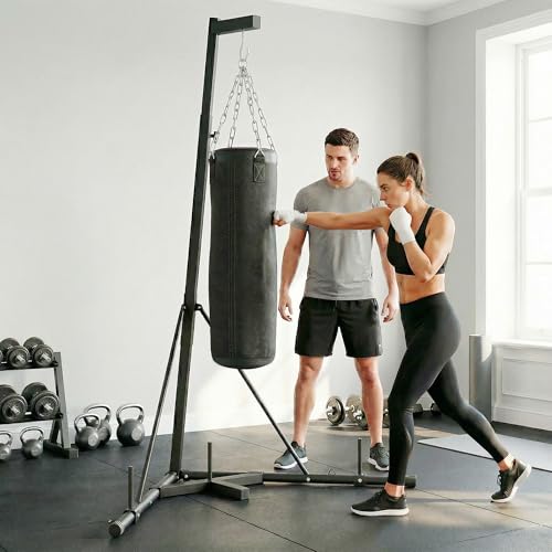 Soozier Punching Bag with Stand for Adults, 72.8"-90.9" Height Adjustable Freestanding Boxing Stand with Canvas Sandbag, Stable Triangular Base and 1" Weight Plate Storage for Home Gym MMA - color: Black