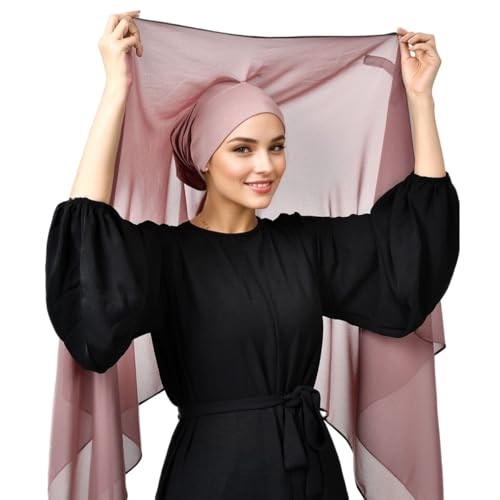 Instant Chiffon Hijab Set 3-in-1 Scarf with Built-in Magnets and Undercaps Head Wraps with Model Cap - color: Pink