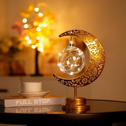 Crescent Moon Table Lamp Metal Frame Ramadan Lights Ball LED Night Light Magic Hanging Moon Lamp Decor for Home Bedroom Bedside Desktop