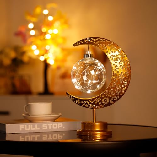 Crescent Moon Table Lamp Metal Frame Ramadan Lights Ball LED Night Light Magic Hanging Moon Lamp Decor for Home Bedroom Bedside Desktop