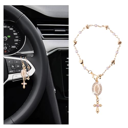 Cross for Car Steering Wheel Rosary Charm,Unique Cross for Car Mirror Hanging Accessories as Decoration,Stylish Crosses Cars Charms for Steering Wheel Christian Cars Accessories - color: Hearts
