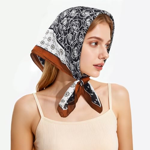 27" Head Scarf Like Satin Silk for Women,Hair Scarves Bandana,Headband Silk Feeling for Hair Wrap - color: Black White Brown