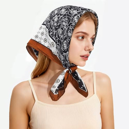 27" Head Scarf Like Satin Silk for Women,Hair Scarves Bandana,Headband Silk Feeling for Hair Wrap - color: Black White Brown