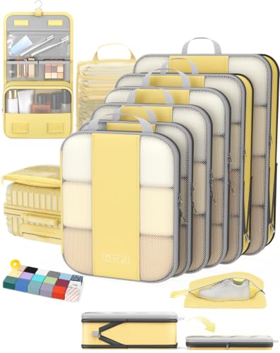 OlarHike 10 Set Compression Packing Cubes for Travel Essentials,Compressible Expandable Space Saver Bags for Organizing Clothes,Luggage Suitcase Garment Bags with Over 1000 pcs Mesh Holes(Yellow) - color: Yellow