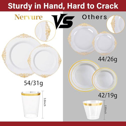 Nervure 350PCS Gold Plastic Dinnerware - White and Gold Disposable Plates for 50 Guests - 100 White Disposable Plates, 150 Plastic Silverware, 50 Cups, 50 Napkins for Wedding & Party & Graduation - color: Gold, style: 350Pcs(50Guests)