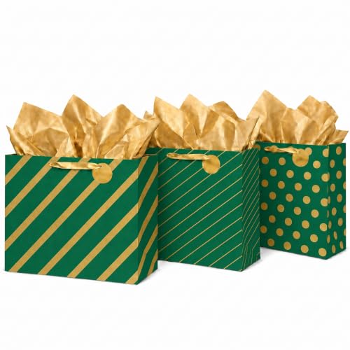 MilkToast Brands Large Gift Bags Set of 3 – Colored & Gold Designs (Polka Dot & Stripes) with Tissue Paper & Blank Gift Tags – Premium Gift Wrapping Bags for Birthdays, Holidays & More (Green) - color: Large Green & Gold