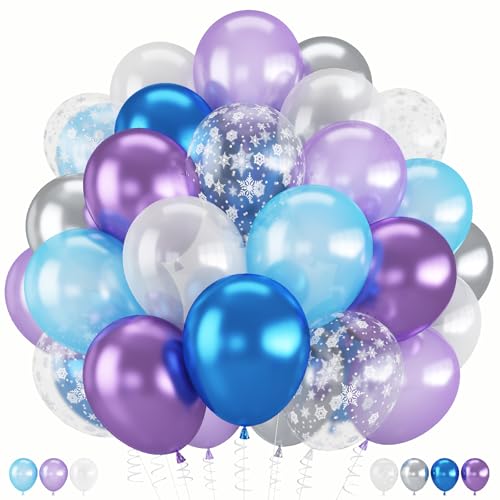 Winter Snowflake Balloons, 60 Packs 12 Inch Metallic Purple Blue White Silver Balloon with Confetti Balloon for Birthday Party Baby Shower Christmas Winter Wonderland Party Decoration - color: Purple Blue Silver White