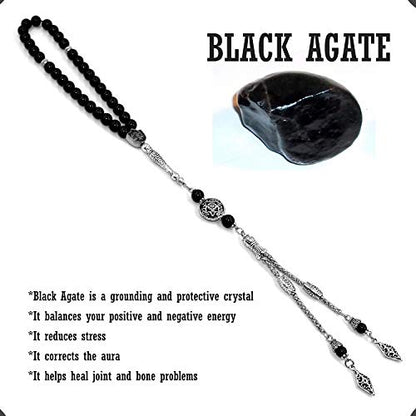 Design - Long & Stylist Tassels Worry Beads - Prayer Beads (8 mm-33 Beads) Tesbih-Tasbih-Tasbeeh-Misbaha-Subha-Sebha-Sibha-Rosary (Shiny Natural Round Agate Stone) - color: Shiny Natural Round Agate Stone