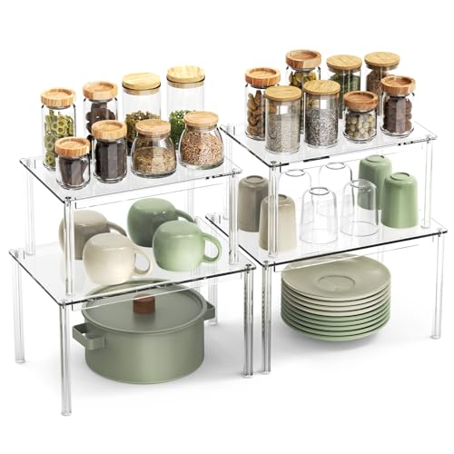 4Pack Acrylic Cabinet Organizer, Clear Cabinet Organizer Shelf, Spice Rack Organizer for Cabinet for Dishes, Spices, Soda Cans and Bottles, Stackable Shelves House Essentials for Gift
