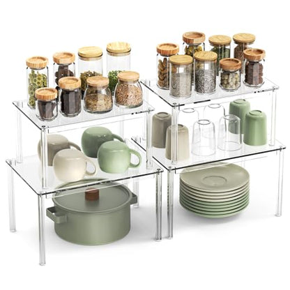 4Pack Acrylic Cabinet Organizer, Clear Cabinet Organizer Shelf, Spice Rack Organizer for Cabinet for Dishes, Spices, Soda Cans and Bottles, Stackable Shelves House Essentials for Gift