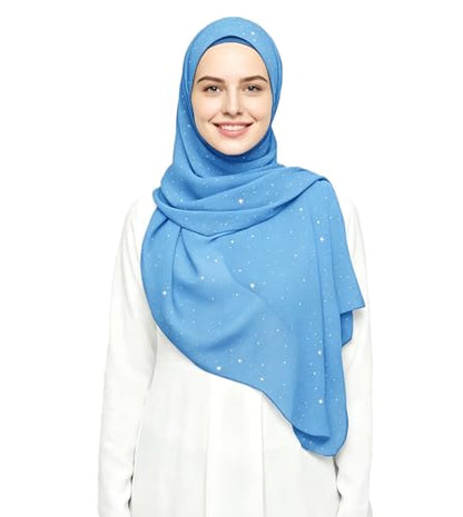 Lina & Lily Sparkle Shimmer Gold Glitter Women's Chiffon Hijab Head Scarf Shawl Wrap Lightweight - color: Azure Blue