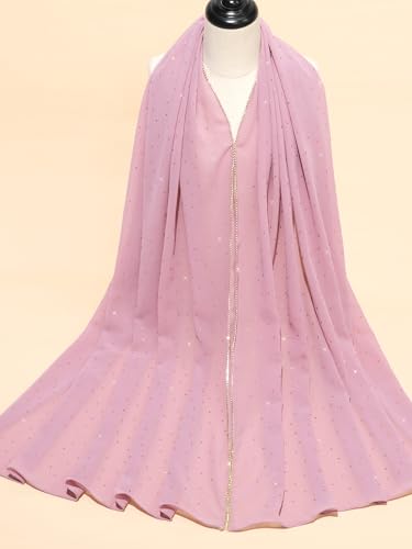 Geyoga Hijab Scarf for Women Soft Chiffon Rhinestone Long Scarf Shawl Fashion Muslim Hijab Head Wrap Scarves - color: Pink
