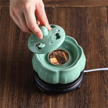 Electric Resin Burner with Timing,Ceramic Incense Burner,Frankincense Bakhoor Censer 110 V for Home Porch,Patio,Garden,Office,Yoga, Living Room, Meditation Room (Green)