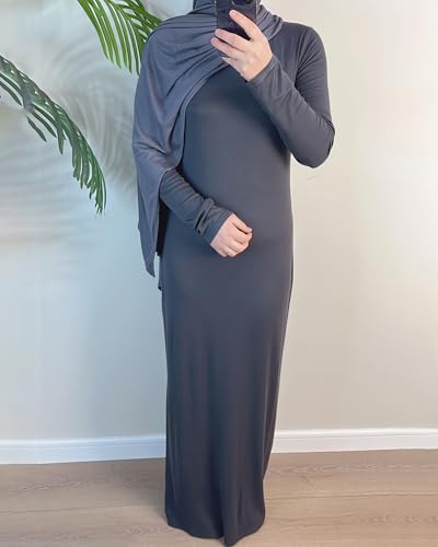 Modal Cotton Abaya Women Long Sleeve Prayer Dress Soft Stretch Islamic Clothes Elegant Robe For Eid, Ramadan, Umrah, Hajj - color: Dark Grey, size: Medium-Large