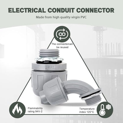 10 Pack 1 Inch Liquid Tight Connectors - PVC Electrical Conduit Fittings, Straight, 90 and 180 Degree Non-Metallic Flexible Connectors for Home, Bathroom, and Kitchen, Gray - size: 1 Inch 10-Pack (90D+180D)