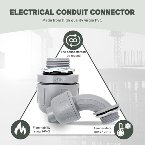 10 Pack 1-1/4 Inch Liquid Tight Connectors - PVC Electrical Conduit Fittings, Straight, 90 and 180 Degree Non-Metallic Flexible Connectors for Home, Bathroom, and Kitchen, Gray - size: 1-1/4 Inch 10-Pack (90D+180D)