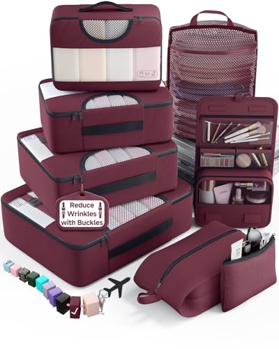 Veken 8 Set Packing Cubes for Travel Essentials,Anti-Wrinkle Buckled Suitcase Organizer for Shoe & Toiletry Bag,Carry On Luggage Bag with 99+ Count Mesh Holes for Airplane & College Dorm Accessories - color: 11 Wine Red