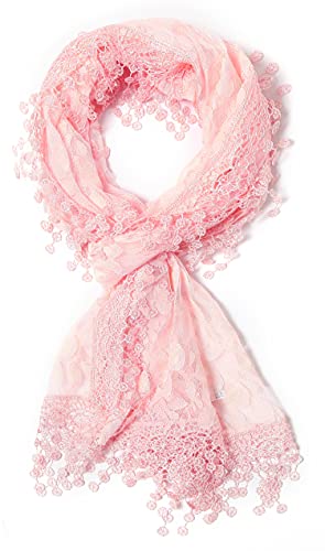 Cindy & Wendy Lightweight Soft Leaf Lace Fringe Scarf Bridal Shawl for Women - color: Peach Pink