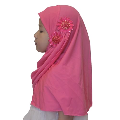 Soft Instant Hijab for Kids Girls Muslim Headscarf Islamic Scarf Shawl Wrap with Flowers - color: Rose Red-2 Flowers