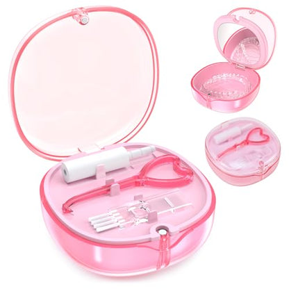 Pink Aligner and Retainer Case Double-layer Cute Slim Braces Night Mouth Guard Case with Remover Tool, Chew and Cleaning Brush, Built in Mirror Orthodontic Dental Retainer Container - color: Transparent Pink