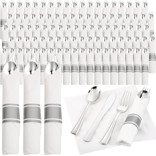 Supernal 120 Pack Silver Plastic Silverware Wrapped Cutlery Set with Napkin - color: Silver, size: 120 Pack