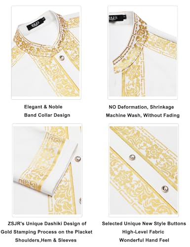 Mens African 2 Piece Set Nigerian Dashiki Metallic Traditional Suit Gold Stamp Printed Shirt and Pants Outfit - color: White, size: Small
