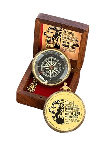 Be Strong and Courageous Brass Compass with Wooden Box - Antique Nautical Engraved Compass Religious Gift for Men & Women, Graduation, Baptism Confirmation Communion