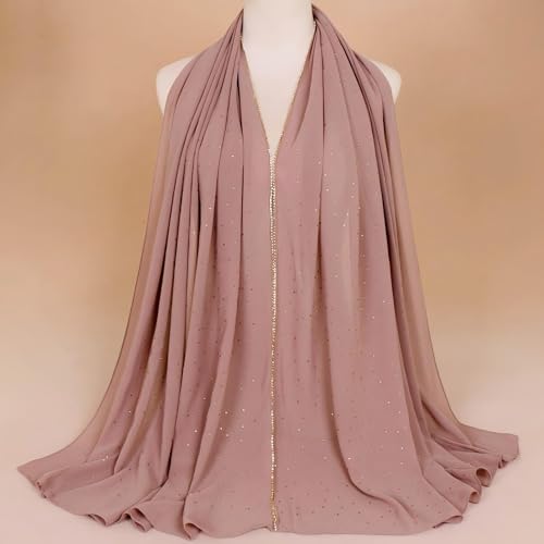 Premium Chiffon Hijab Rhinestone Long Scarf Shawl Wrap for Women Head scarf for Muslim Wedding Party Gift Packed - color: 001light Khak