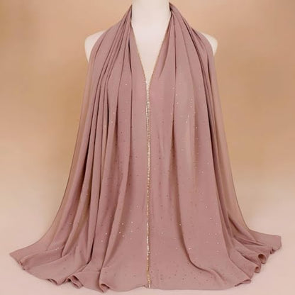 Premium Chiffon Hijab Rhinestone Long Scarf Shawl Wrap for Women Head scarf for Muslim Wedding Party Gift Packed - color: 001light Khak