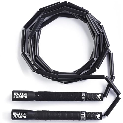 Elite Jumps Heavy Beaded Weighted Jump Rope, 6.5 oz | Heavy resistance beaded rope. Long 8-inch handles, shatterproof 2-inch beads. Adjustable 10 ft. - color: Black