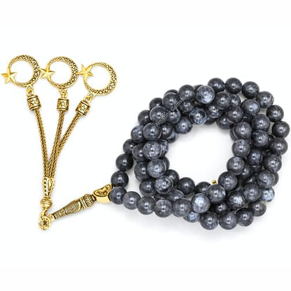 Amazing Gemstone Crystal Tasbeeh with Moon and Star Charm - Certified Crystal Muslim Prayer Beads Natural Gemstone Tasbih Gift for Ramadan Dhikr and Daily Namaz (G) - color: Larvikite