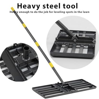 Lawn Leveling Rake Heavy Duty, 30"x10" Large Ground Plate Leveler Tool, Anti Flipping Smooth Edge Pull Behind Garden Landscape Rake for Soil Sand Dirt Yard Top Dressing, Long Handle 65 Inch