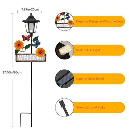 Lewondr Solar Garden Lights Butterfly, 37.4 Inch Solar Lamp Post Light with Welcome Sign & Butterflies, Outdoor Waterproof Solar Stake Lights for Yard Porch Patio Pathway Gardening Gifts, 2 Pack - style: Yellow Flowers & Butterflies