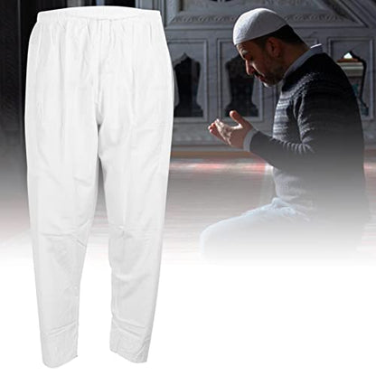 HEEPDD Men Muslim Loose Elastic Band Afghan Trousers, Polyester Cotton Pants with Stripe Decor, White, XXL - size: 48 Long