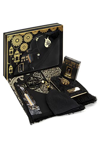 ihvan online Hajj와 Umrah, 무슬림 기도 러그, 이슬람 매트, 비즈 테스비, 야센 북, 미스왁, 이슬람 쿠피 모자, 라마단 및 이드 선물용 이슬람 디럭스 세트, 블랙/세트 3 - color: 블랙 / 세트 3
