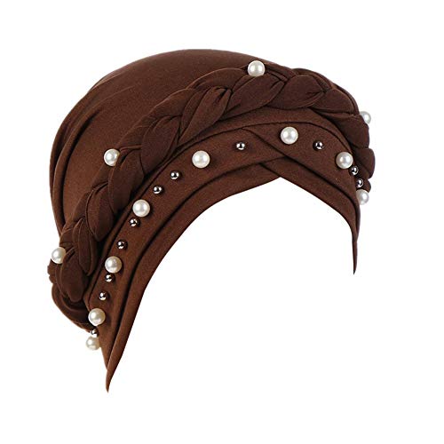 Fxhixiy Women Chemo Beanie Beaded Pearl Braid Turban Headwear for Hair Loss - color: Brown